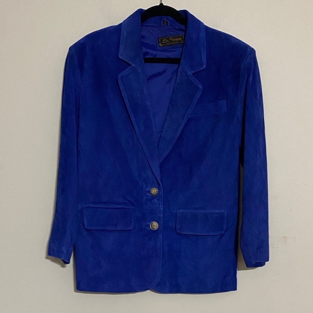Vintage Royal Blue Women's Blazer coat suede men’s S 2 buttons casual event Y2K